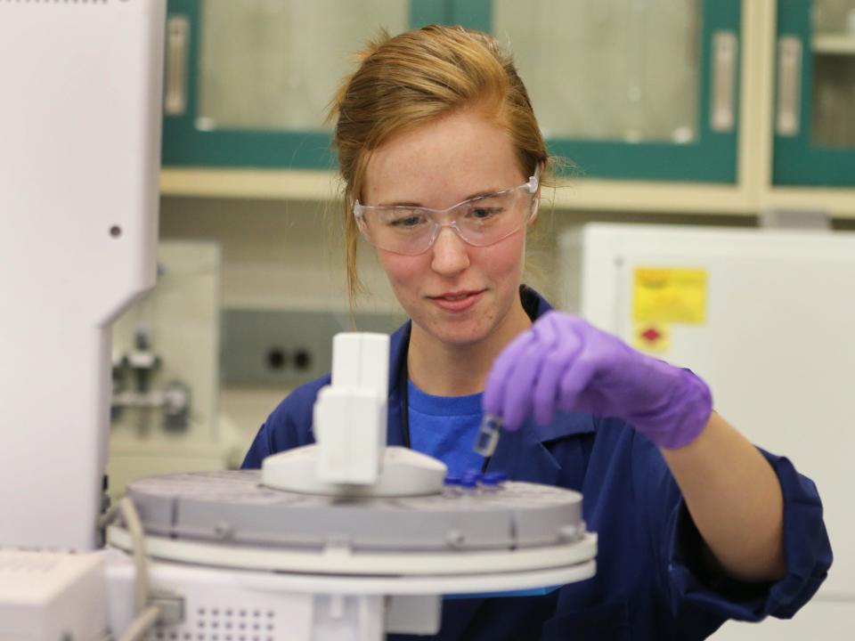 Chemical analyst Allison Denny uses computers to analyze and ID chemical agents at the small item decontamination testing chamber facility at the US Army's Dugway Proving Ground on August 15, 2017 in Dugway, Utah.