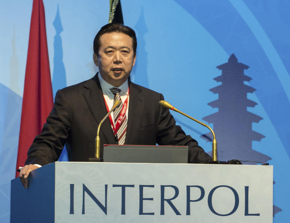 FILE - In this Nov. 10, 2016, file photo released by Xinhua News Agency, then China's Vice Minister of Public Security Meng Hongwei delivers a campaign speech at the 85th session of the general assembly of the International Criminal Police Organization (Interpol), in Bali, Indonesia. Chinese authorities say they are investigating the former president of Interpol for bribery and other crimes and indicate that political transgressions may have also landed him in trouble. In a statement posted on a government website Monday, Oct. 8, 2018, the authorities said Meng Hongwei, China's vice minister for public security, was being investigated due to his own "willfulness and for bringing trouble upon himself." (Du Yu/Xinhua via AP, File)