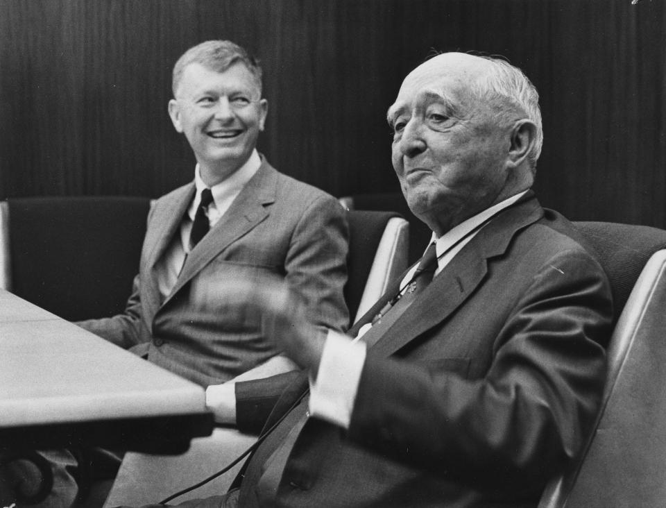 With Charter Company founder Raymond Mason at his side, Ed Ball (right) talks to reporters in 1969 about a plan to join together 55 banks. Ball was the king of big business deals in Jacksonville, and one of the biggest powers in the state for a generation.