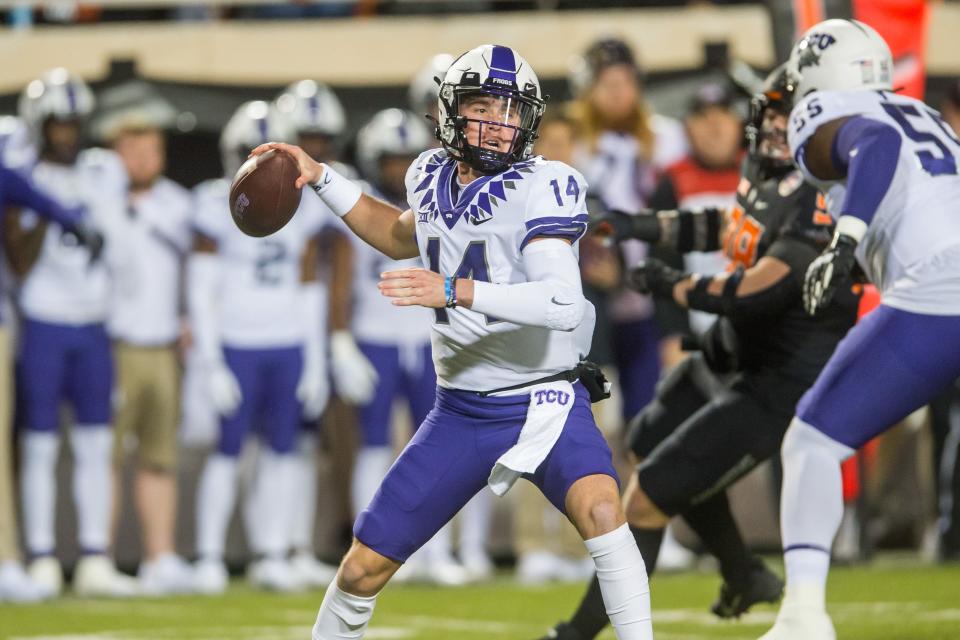TCU quarterback Chandler Morris (14) looks to pass during his team's game against Oklahoma State at Boone Pickens Stadium.
