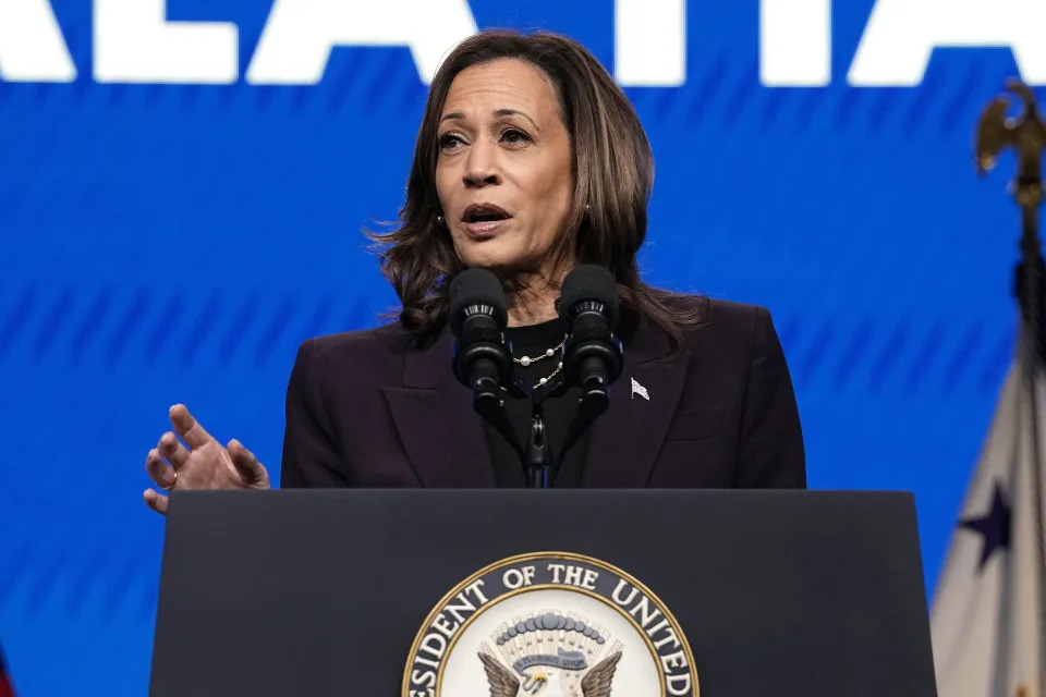 FILE - Vice President Kamala Harris speaks during the American Federation of Teachers' 88th national convention, July 25, 2024, in Houston. Immediately after President Joe Biden left the race a week ago, Harris began to craft her own narrative around the economy. Not once in speeches did she mention the word "inflation," the overwhelming economic challenge that has dogged Biden's administration. Republicans have quickly moved to blame Harris for the inflation that less than a week ago they pinned on Biden. (AP Photo/Tony Gutierrez, File)