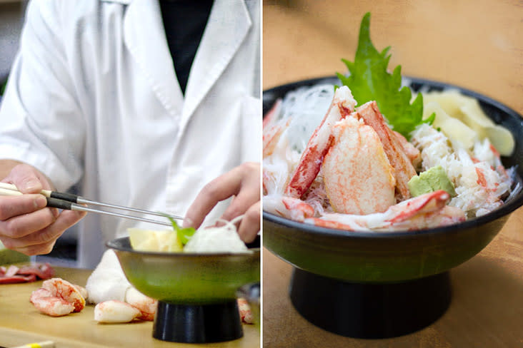 The practised craft in assembling a perfect bowl of 'kani donburi' (crab meat rice bowl).