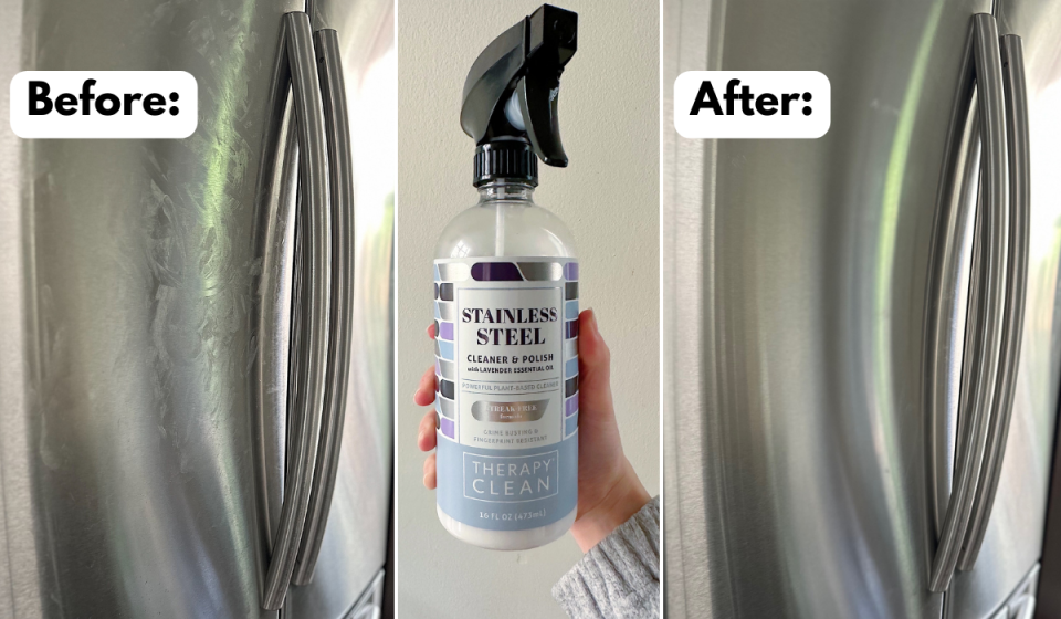 author holding a bottle of the stainless steel cleaner in between before and after photos of a fridge
