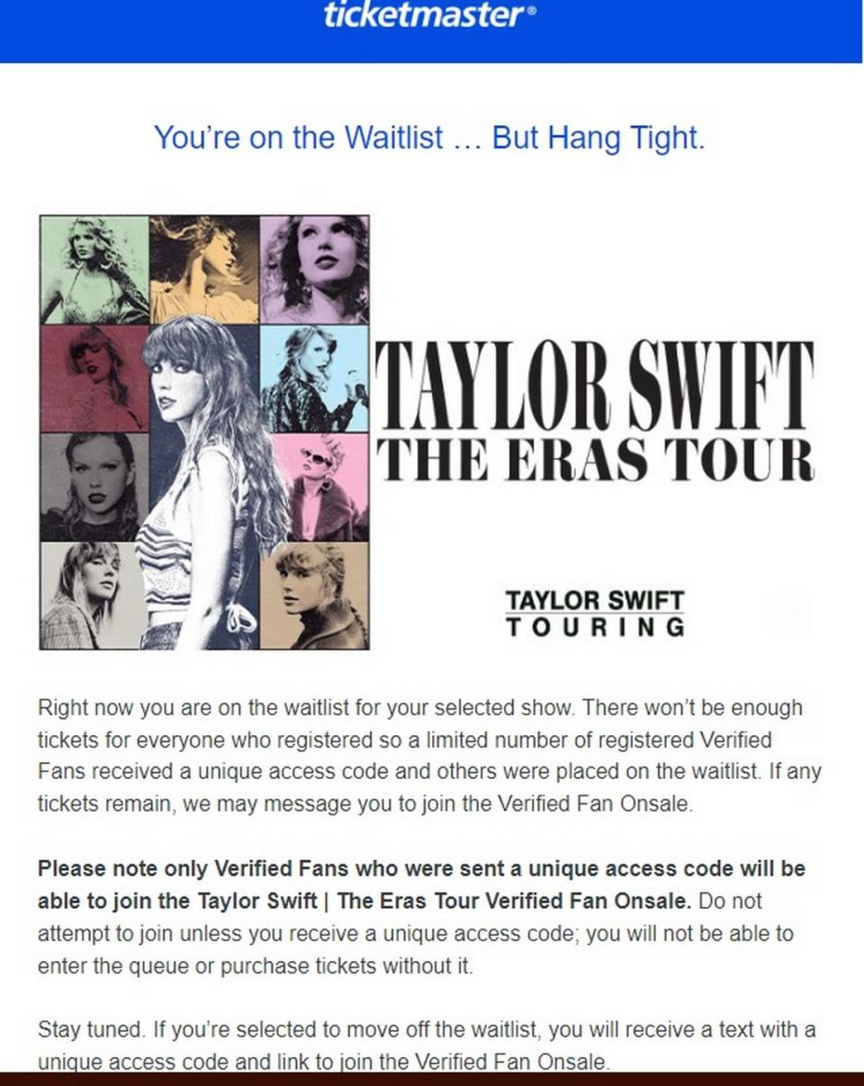 Most Taylor Swift fans who successfully registered as Verified Fans with Ticketmaster for a shot at tickets to her three October 2024 concerts at Miami Gardens’ Hard Rock Stadium were placed on a waitlist. This means they can not join the queue on Wednesday, Aug. 9, 2023, to buy tickets to the tour. But if tickets remain, Ticketmaster says some people can be removed from the waitlist and try again for an access code.