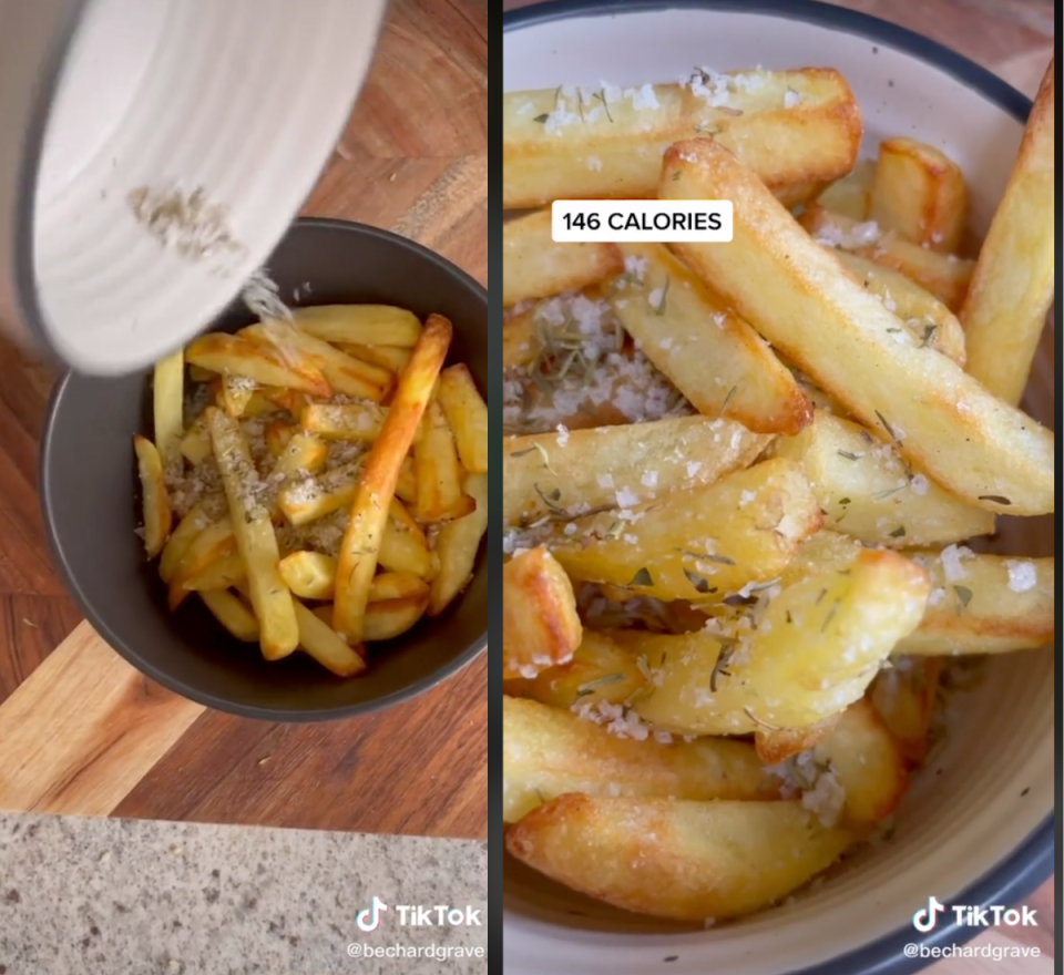 Screenshots from the Woolworth Grill'd chips TikTok hack showing the final seasoned chips.