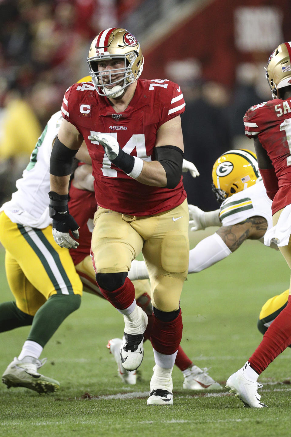 San Francisco 49ers offensive tackle Joe Staley (74) blocks a defender in the NFL NFC Championship football game against the Green Bay Packers, Sunday, Jan. 19, 2020 in Santa Clara, Calif. The 49ers defeated the Packers 37-20. (Margaret Bowles via AP)