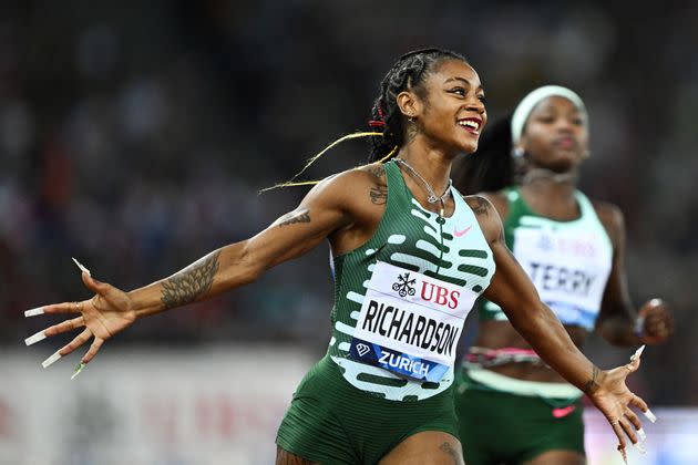 U.S. sprinter Sha'Carri Richardson crosses the finish line to win the women's 100m final during the Diamond League athletics meeting at Stadion Letzigrund stadium in Zurich on Aug. 31, 2023.