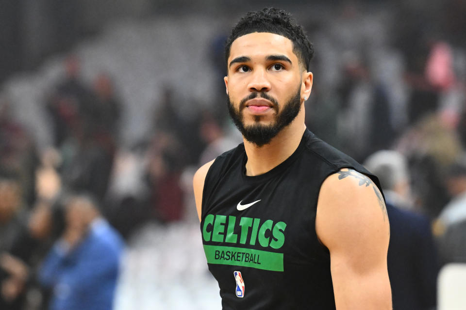 CLEVELAND, OHIO – MAY 11: Jayson Tatum #0 of the Boston Celtics looks on before game three of the Eastern Conference second round playoffs against the Cleveland Cavaliers at Rocket Mortgage Fieldhouse on May 11, 2024 in Cleveland, Ohio . (Photo by Keynote USA/Getty Images)