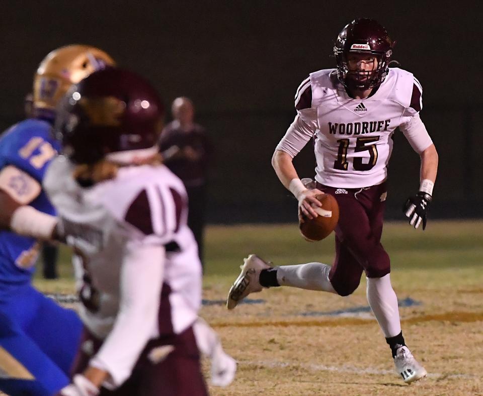Broome played Woodruff in the first round of the SCHSL 3A state football playoffs. The game was played at Broome High School on Nov. 3, 2022. Woodruff's Carson Tucker (15) QB looks for room to pass on a play. Woodruff wins the game 42-34.