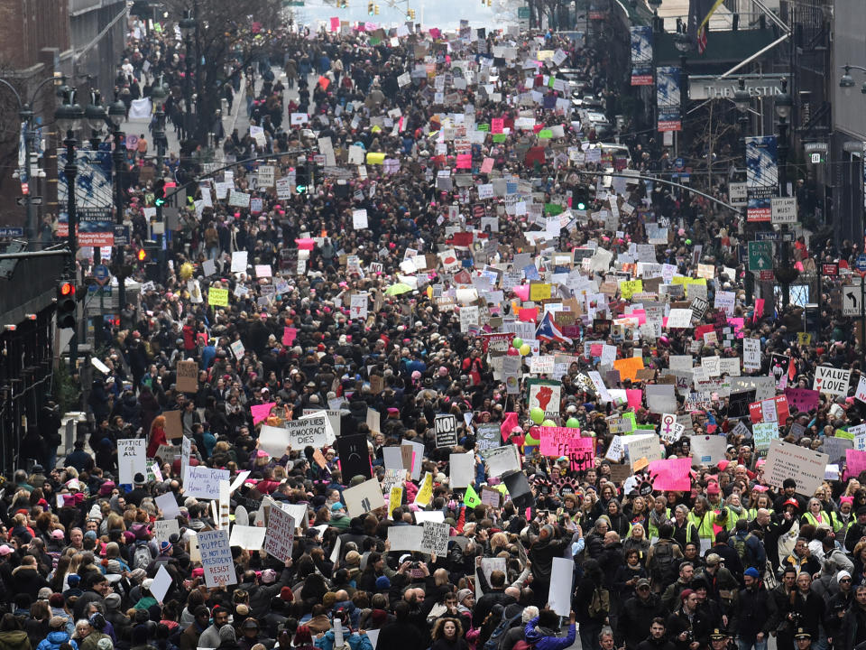 A Women's March against Trump in New York in January - one of hundreds he has inspired around the world: REUTERS