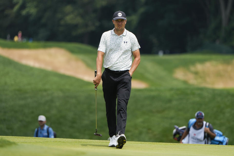 Jordan Spieth walks on the 12th fairway during the third round of the Travelers Championship golf tournament at TPC River Highlands, Saturday, June 22, 2024, in Cromwell, Conn. (AP Photo/Seth Wenig)