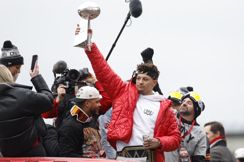 Patrick Mahomes takes part in the Kansas City Chiefs' victory celebration and parade in Kansas City, Mo., Wednesday, Feb. 15, 2023, following the Chiefs' win over the Philadelphia Eagles Sunday in the NFL Super Bowl 57 football game. (AP Photo/Colin E. Braley)