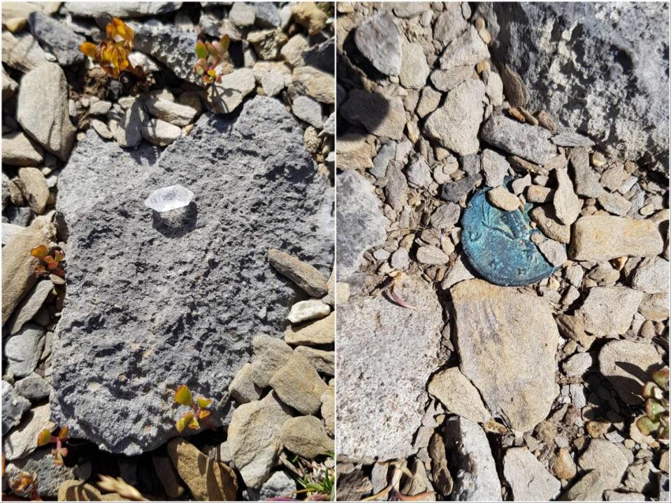 Left: One of the rock crystals found at the site. Right: A Roman coin found at the site.