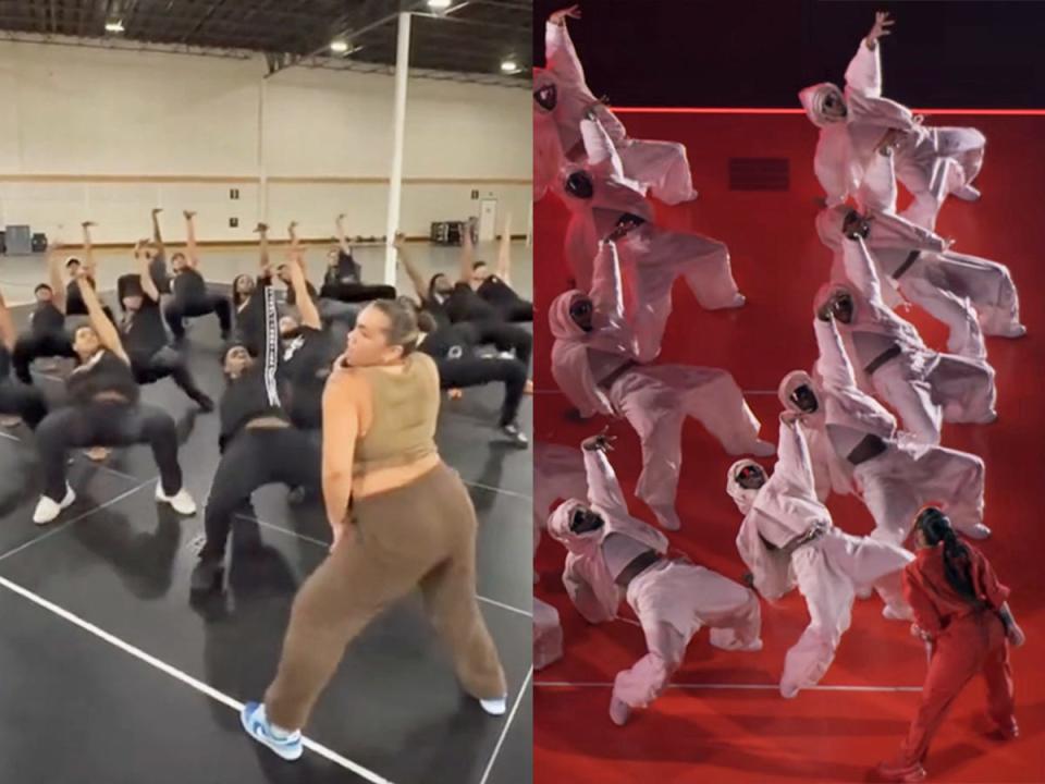 A side by side of the rehearsal footage and final performance footage showing a triangle formation of dancers with a lead performer facing them.