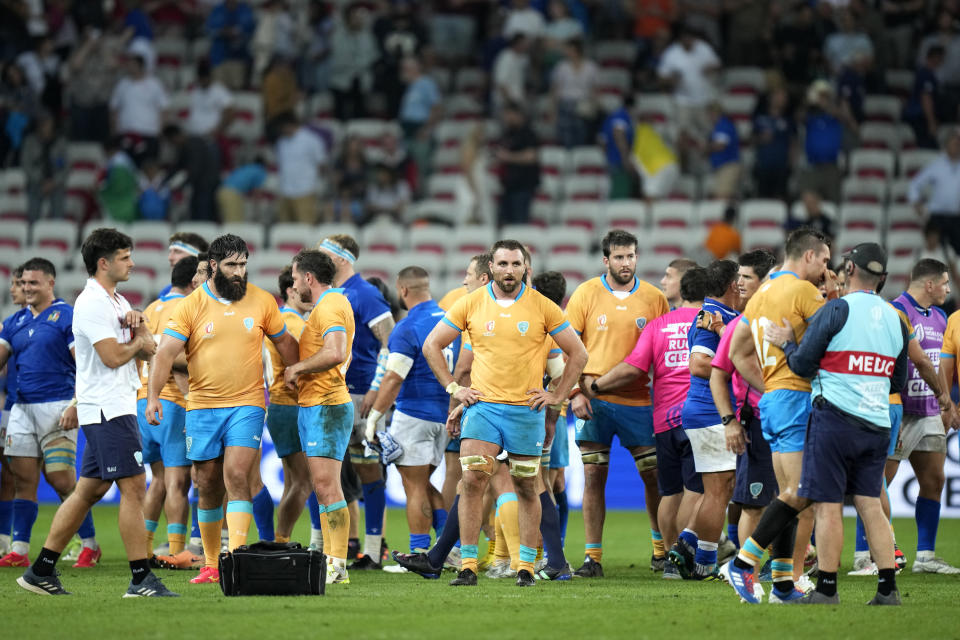 Uruguay's players at the end of the Rugby World Cup Pool A match between Italy and Uruguay at the Stade de Nice, in Nice, Wednesday, Sept. 20, 2023. (AP Photo/Pavel Golovkin)
