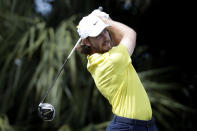 Tommy Fleetwood of England hits from the third tee during the fourth round of the Honda Classic golf tournament, Sunday, March 1, 2020, in Palm Beach Gardens, Fla. (AP Photo/Lynne Sladky)