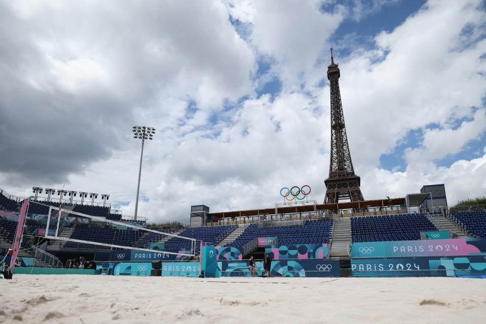 The beach volleyball venue has a dramatic backdrop in the Eiffel Tower