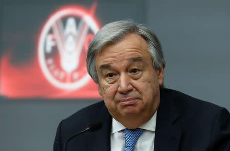 U.N. Secretary-General Antonio Guterres talks during a news conference at the end of a summit, to address Palestinian UNWRA funding crisis, at the U.N. Food and Agriculture Organization (FAO) headquarter in Rome, Italy March 15, 2018. REUTERS/Remo Casilli