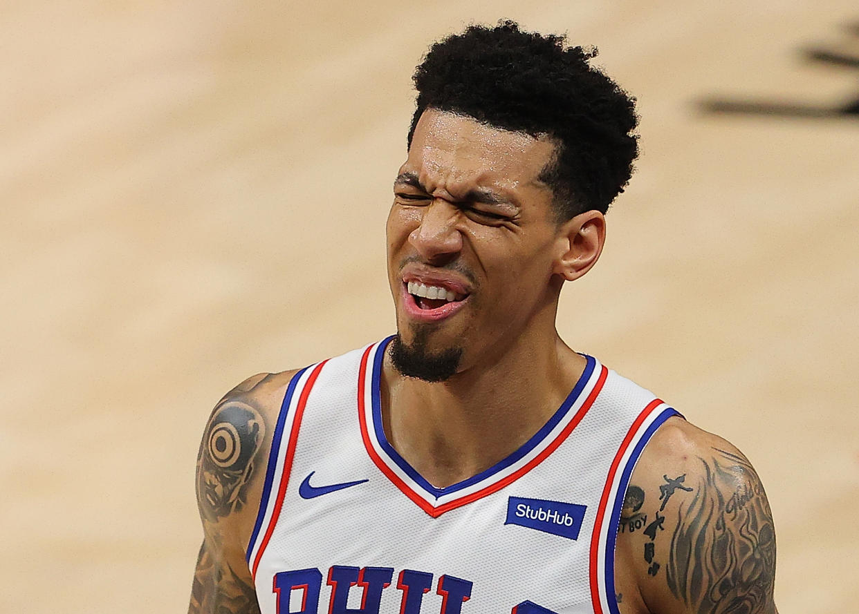 ATLANTA, GEORGIA - JUNE 11:  Danny Green #14 of the Philadelphia 76ers reacts after an injury against the Atlanta Hawks during the first half of game 3 of the Eastern Conference Semifinals at State Farm Arena on June 11, 2021 in Atlanta, Georgia.  NOTE TO USER: User expressly acknowledges and agrees that, by downloading and or using this photograph, User is consenting to the terms and conditions of the Getty Images License Agreement. (Photo by Kevin C. Cox/Getty Images)