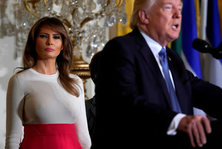 U.S. President Donald Trump and first lady Melania Trump host an event to commemorate Hispanic Heritage Month at the White House in Washington, U.S., October 6, 2017. REUTERS/Kevin Lamarque