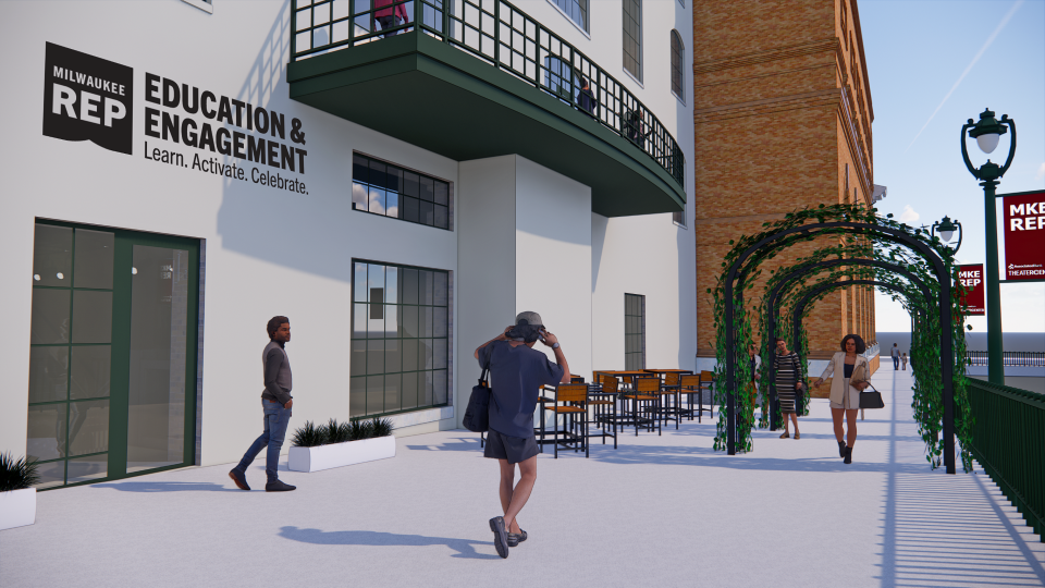 An artist's view of the Milwaukee Repertory Theater's future Northwestern Mutual Riverwalk. The Rep is raising funds to build a new home on its present location.