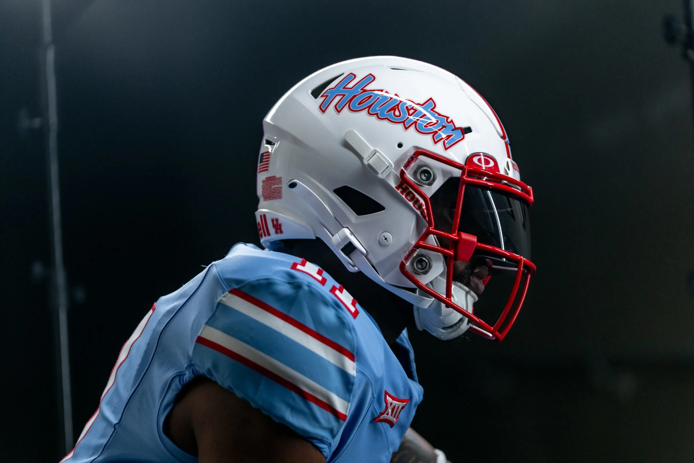 The Houston Cougars unveiled their "Love You Houston" alternate uniforms, which include a white helmet with baby blue writing.