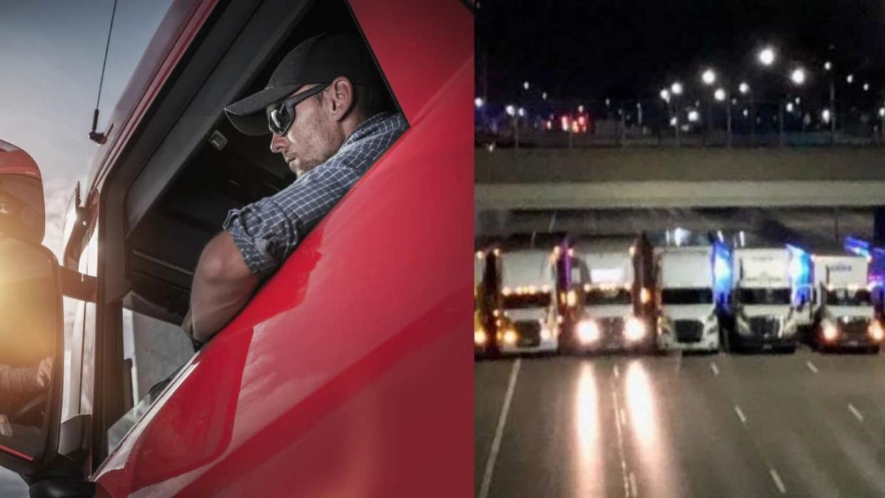 truck driver and trucks parked side by side