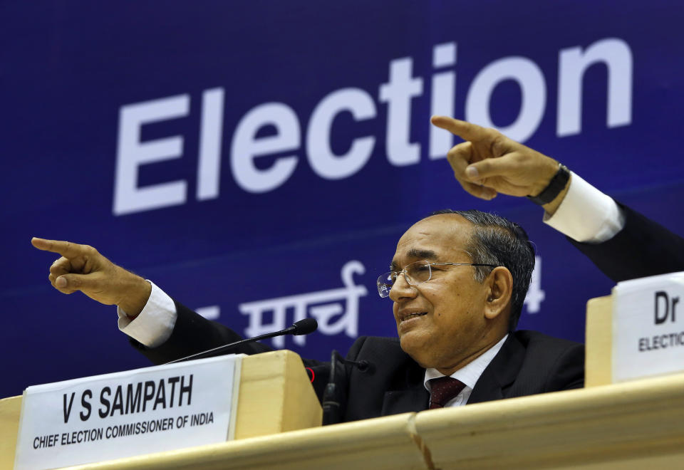 India’s Chief Election Commissioner V.S. Sampath gestures during a press conference after announcing dates for the country’s national elections in New Delhi, India, Wednesday, March 5, 2014. India said Wednesday it will begin national elections on April 7, kicking off a month-long contest in the largest democracy in the world. The election is held over several weeks for reasons of logistics and safety in a country of 1.2 billion. More than 810 million people are eligible to vote this year, an increase of 100 million from five years ago, according to the Election Commission. (AP Photo /Manish Swarup)