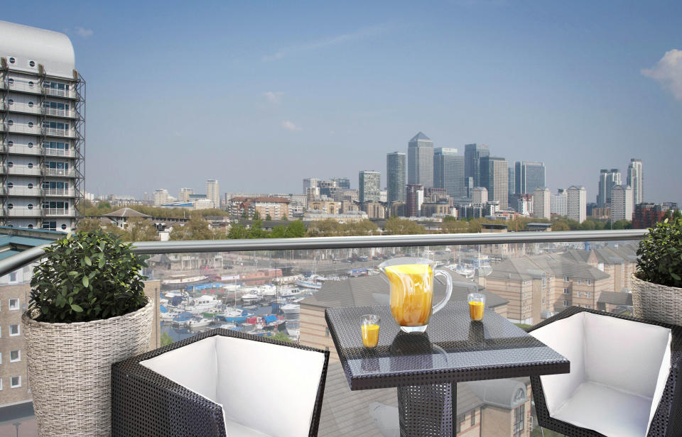 Canary Wharf as seen from an apartment at the Marine Wharf development, Surrey Quays. Prices start from £272,500 for a one-bedroom apartment. <a href="http://www.marinewharf.co.uk" rel="nofollow noopener" target="_blank" data-ylk="slk:www.marinewharf.co.uk;elm:context_link;itc:0;sec:content-canvas" class="link ">www.marinewharf.co.uk</a>