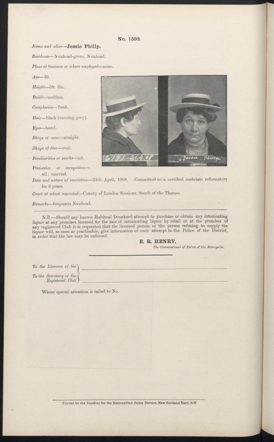 The record describes Jessie Phillp's complexion as 'fresh', her hair 'black (turning grey)' and her nose 'straight'.