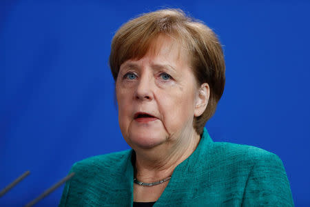 Chancellor Angela Merkel during a news conference with Polish Prime Minister Mateusz Morawiecki in Berlin, Germany, February 16, 2018. REUTERS/Hannibal Hanschke