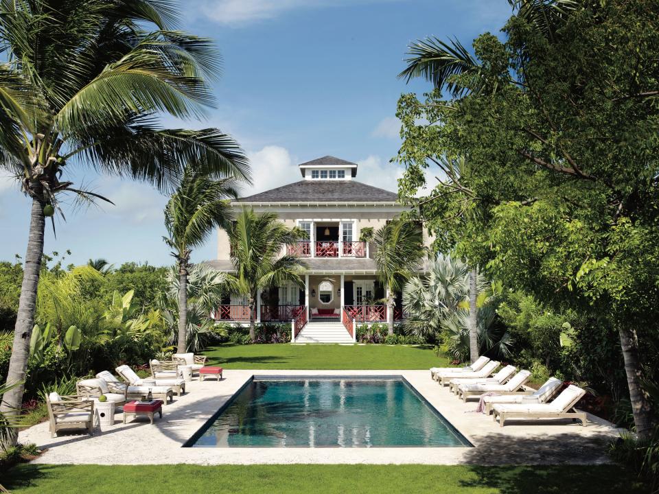 Chicago-based decorator Alessandra Branca's Bahamas getaway, Highlowe, features a 40-foot-long swimming pool.