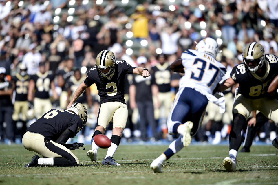 New Orleans Saints kicker Wil Lutz (3) boots a field goal during the fourth quarter of a preseason NFL football game against the Los Angeles Chargers, Sunday, Aug. 18, 2019, in Carson, Calif. (AP Photo/Kelvin Kuo )