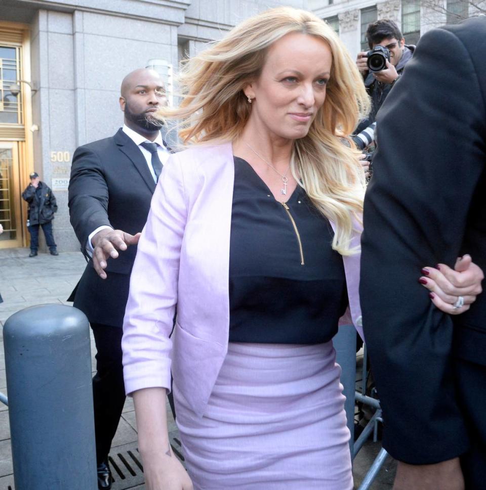 Stephanie Clifford, known as Stormy Daniels in the adult film industry, leaves Manhattan Federal Court on April 16, 2018, in New York.