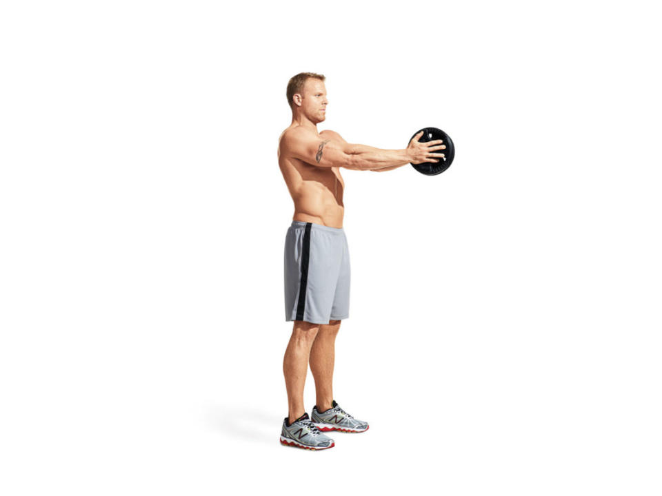 How to do it:<ol><li>Hold a pair of light weight plates together, smooth side out, between your palms right in front of your chest.</li><li>Squeeze the plates together, focusing on your chest, and press them out in front of you until your arms are extended.</li><li>Flare your lats and pull the weights back to your chest.</li><li>Complete your reps and then, on the second set, press the weights downward from your chest at a 45-degree angle.</li><li>On the third set, press them upward at a 45-degree angle.</li></ol>