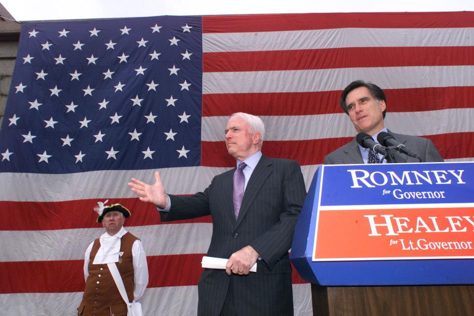 <p>McCain campaigns with Mitt Romney, who was running for governor of Massachusetts, at Fort Independence in South Boston, on October 30, 2002.</p>