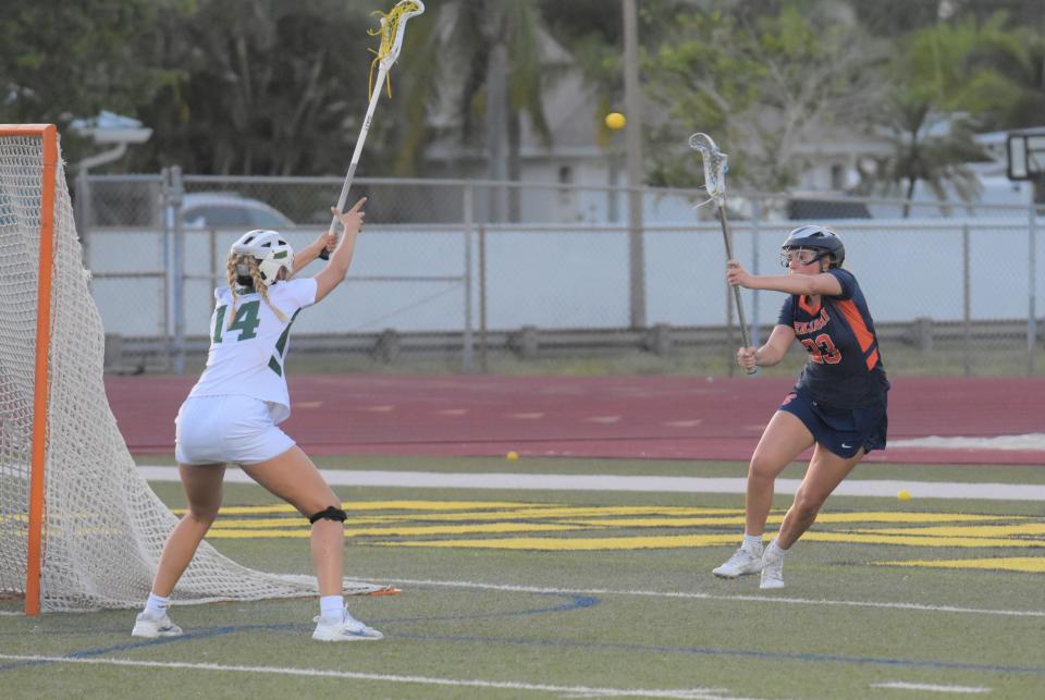 Benjamin's Madison Jayson passes the ball from behind the crease during a regular season game against Jupiter on Mar. 14, 2024.