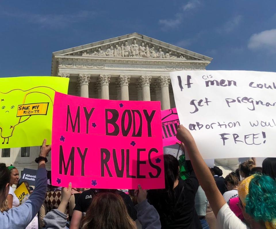Protesters gather outside the Supreme Court on Tuesday, May 3, 2022, following the leak of a draft opinion overturning Roe v. Wade and permitting states to ban abortion.