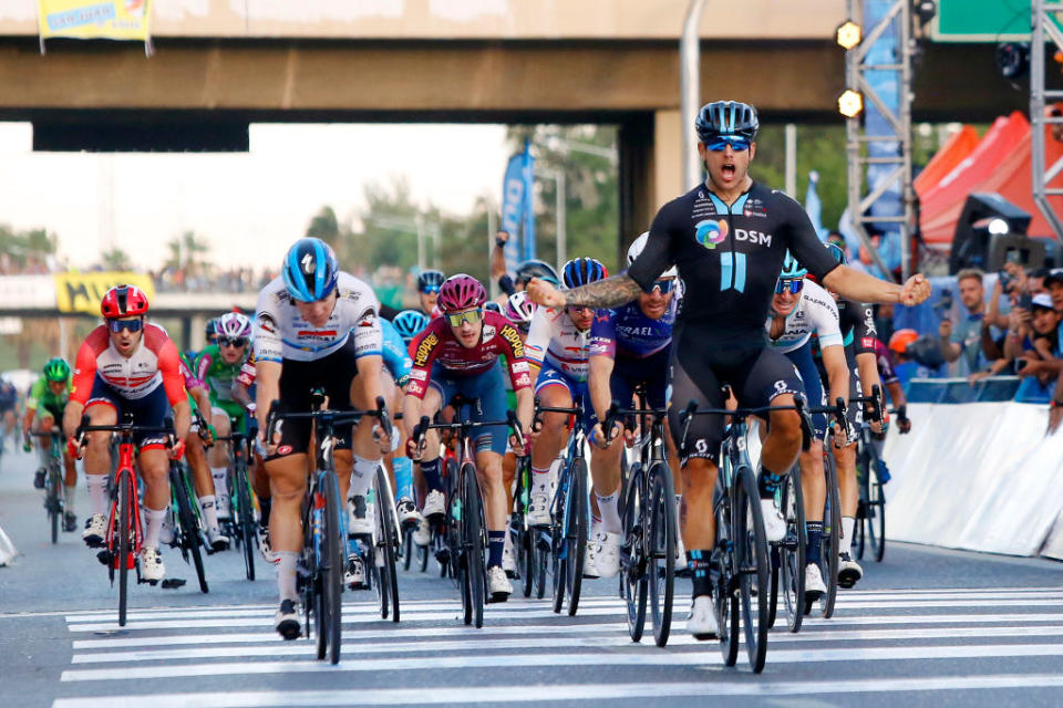 SAN JUAN, ARGENTINA - JANUARY 29: Sam Welsford of Australia and Team DSM celebrates at finish line as race winner ahead of Fabio Jakobsen of Netherlands and Team Soudal Quick-Step, Giacomo Nizzolo of Italy and Team Israel - Premier Tech and Yevgeny Gidich of Kazakhstan and Astana Qazaqstan Team during the 39th Vuelta a San Juan International 2023, Stage 7 a 112km stage from San Juan to San Juan / #VueltaSJ2023 / on January 29, 2023 in San Juan, Argentina. (Photo by Maximiliano Blanco/Getty Images)