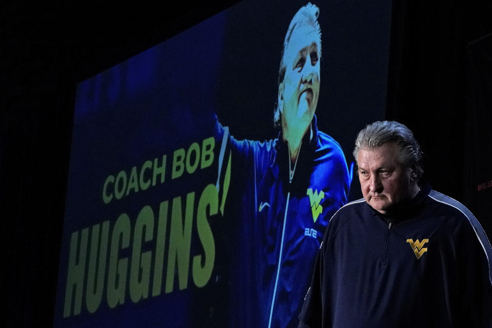 West Virginia head coach Bob Huggins speaks to the media during Big 12 NCAA college basketball media day Wednesday, Oct. 19, 2022, in Kansas City, Mo. (AP Photo/Charlie Riedel)