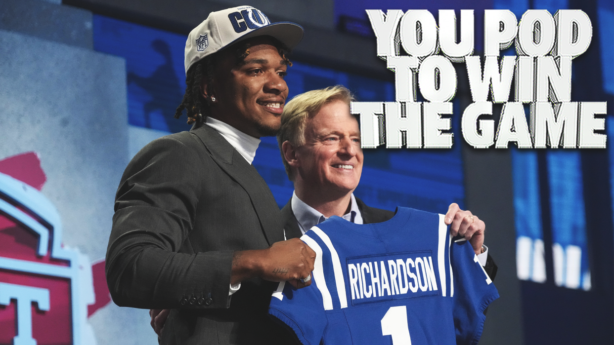Apr 27, 2023; Kansas City, MO, USA;  Florida quarterback Anthony Richardson with NFL commissioner Roger Goodell after being selected by the Indianapolis Colts fourth overall in the first round of the 2023 NFL Draft at Union Station. Mandatory Credit: Kirby Lee-USA TODAY Sports
