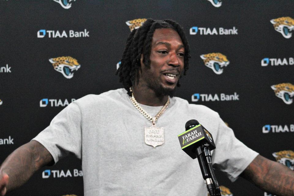 Jaguars wide receiver Calvin Ridley talks with media inside the TV Studio of TIAA Bank Field on Wednesday, April 19, 2023.