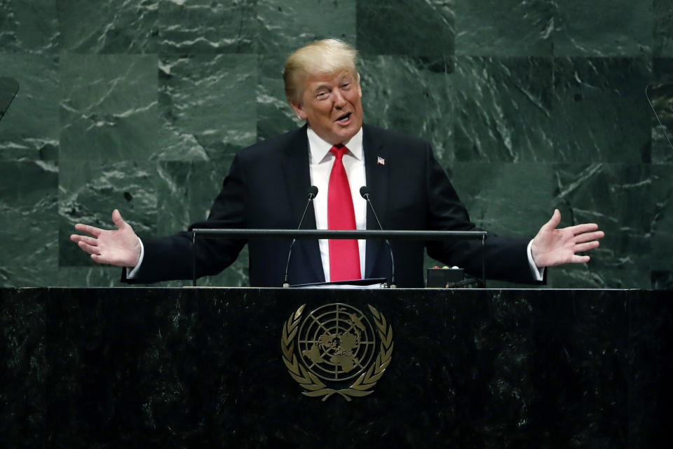 President Donald Trump addresses the 73rd session of the United Nations General Assembly, at U.N. headquarters, Tuesday, Sept. 25, 2018. A sound of sudden, loud and unexpected laughter was directed at Trump as he addressed global leaders at the United Nations, and it was witnessed by an audience of tens of millions viewing immediate clips online of a humiliating moment for Donald Trump. The laughter followed Trump’s boasts that "in less than two years, my administration has accomplished more than almost any administration in the history of our country." (AP Photo/Richard Drew, File)