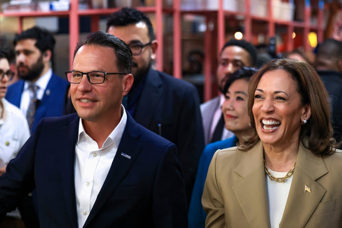 Pennsylvania Governor Josh Shapiro (left) pictured with Vice President Kamala Harris (right). Shapiro is one of the top contenders for Harris’ running mate (REUTERS)