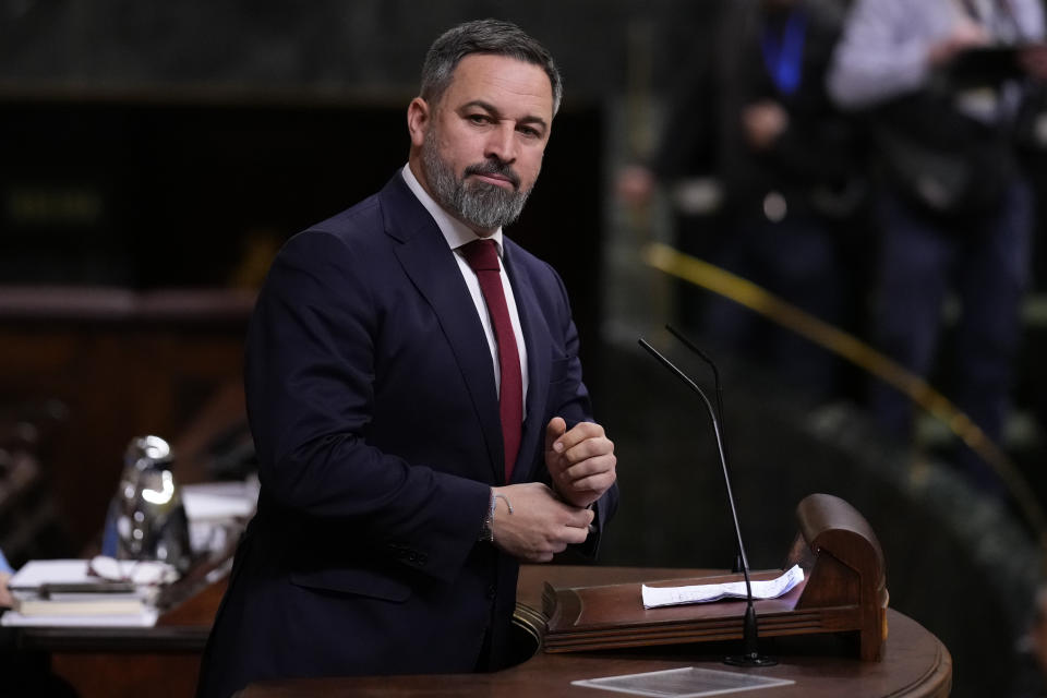 Santiago Abascal, leader of the far right VOX party attends a parliamentary session in Madrid, Spain, Thursday, March 14, 2024. Prime Minister Pedro Sánchez has promoted the amnesty as a way to move past a secession attempt by the then-leaders of Catalonia, a northeastern region centered around Barcelona where many speak the local Catalan language as well as Spanish. The conservative opposition accuses Sanchez of selling out the rule of law in exchange for another term in the Moncloa Palace and has organized major street protests during recent months. (AP Photo/Manu Fernandez)