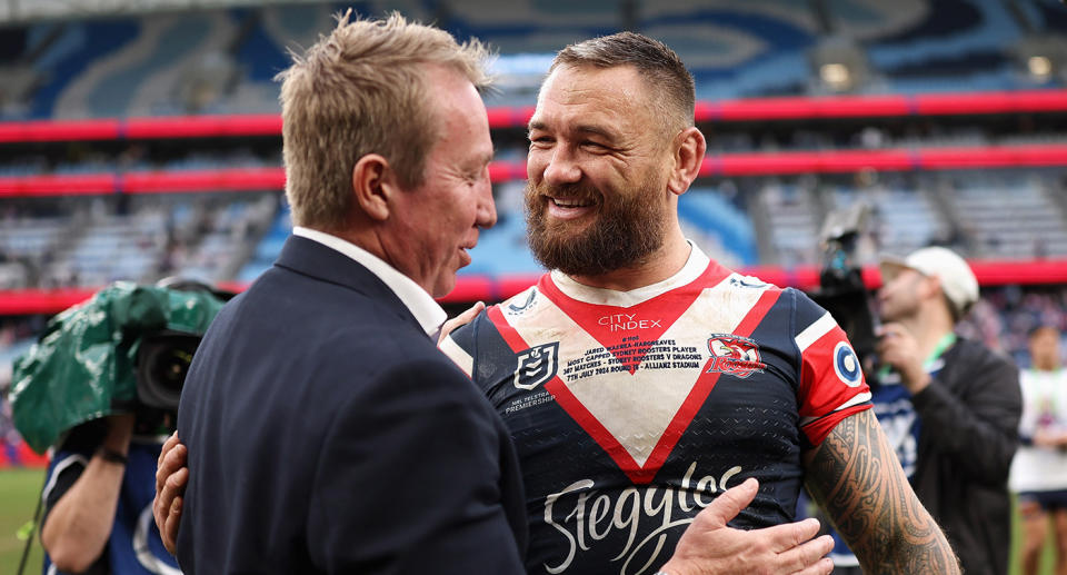 Pictured here is Jared Warea-Hargreaves with Roosters coach Trent Robinson.