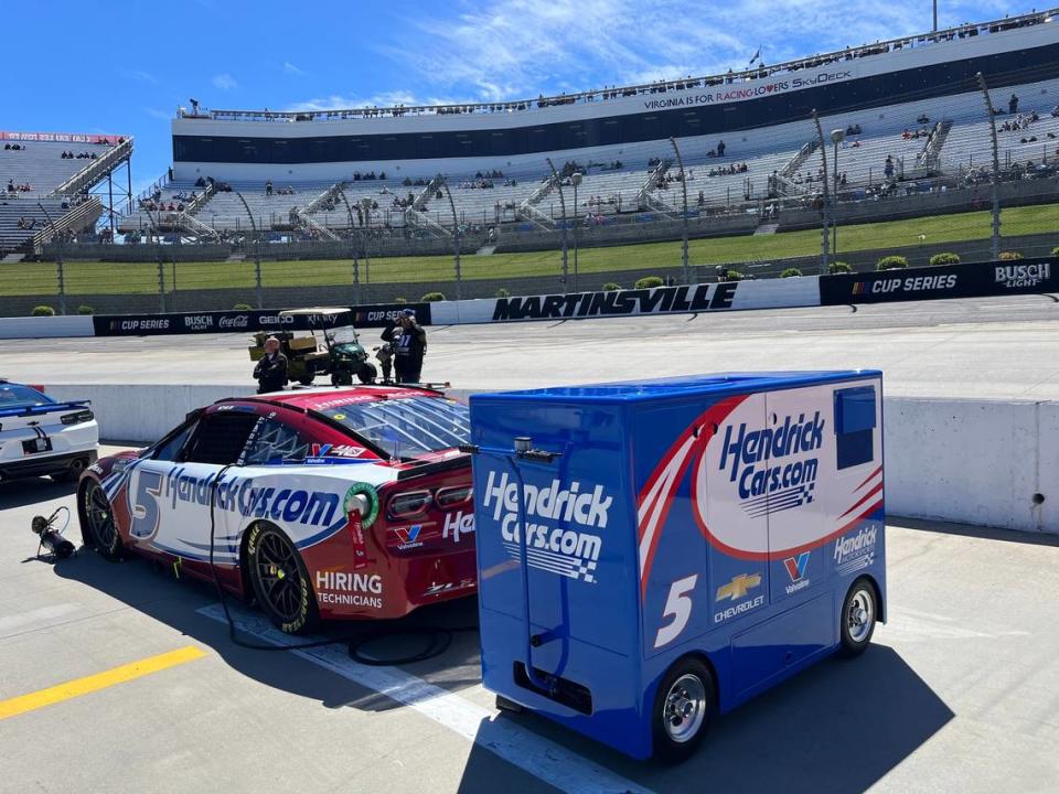 Kyle Larson’s ruby red No. 5 Chevy on pit road prior to the NASCAR Cup Series Cook Out 400 at Martinsville Speedway on April 7, 2024, in Ridgeway, Va. Shane Connuck/The Charlotte Observer