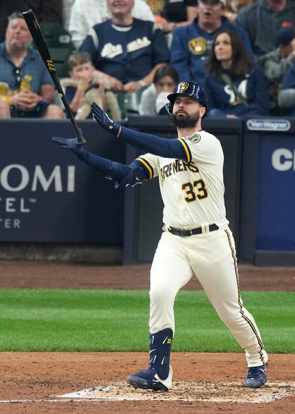 Milwaukee Brewers designated hitter Jesse Winker (33) watch this fly ball during the seventh inning of their game against the Houston Astros Wednesday, May 24, 2023 at American Family Field in Milwaukee, Wis.