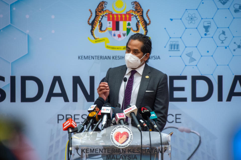 Health Minister Khairy Jamaluddin speaks at a press conference in Putrajaya, September 1, 2021. — Picture by Shafwan Zaidon