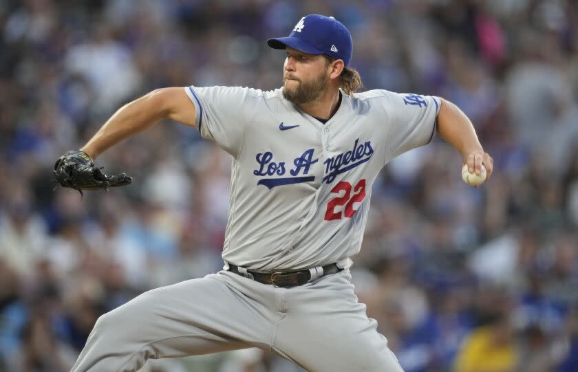 Dodgers starting pitcher Clayton Kershaw works against the Colorado Rockies in the sixth inning on June 27, 2023, in Denver.